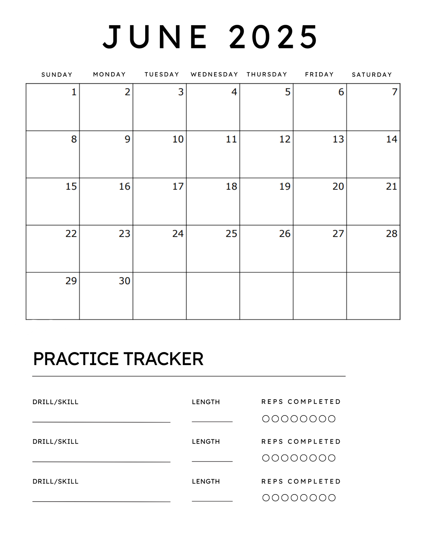 DIGITAL DOWNLOAD-Sports Practice Calendar June 2025-June 2026